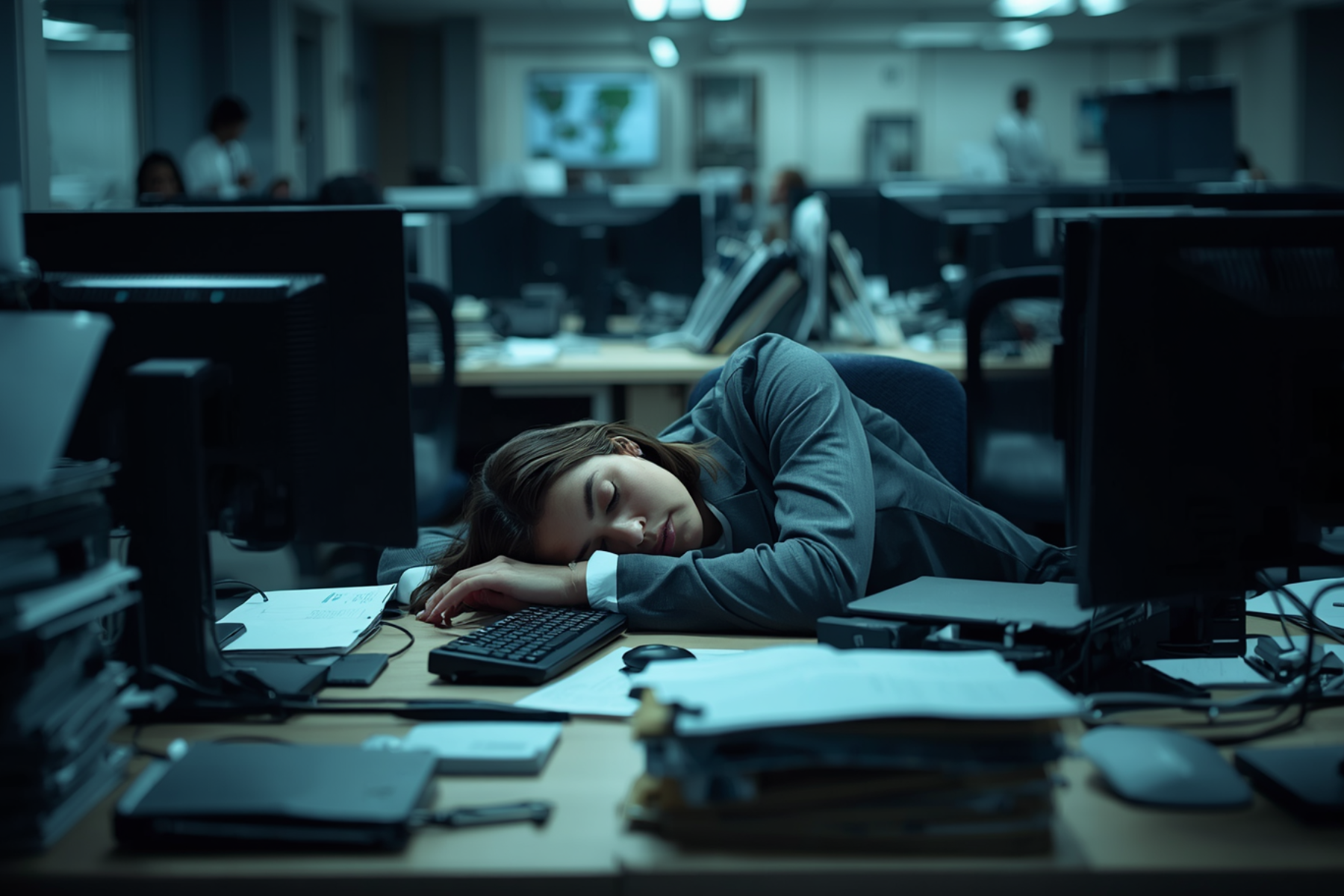  Hình ảnh phản ánh tình trạng “Office Fatigue” — sự kiệt sức âm thầm do áp lực và guồng quay công việc kéo dài nơi công sở hiện đại.
